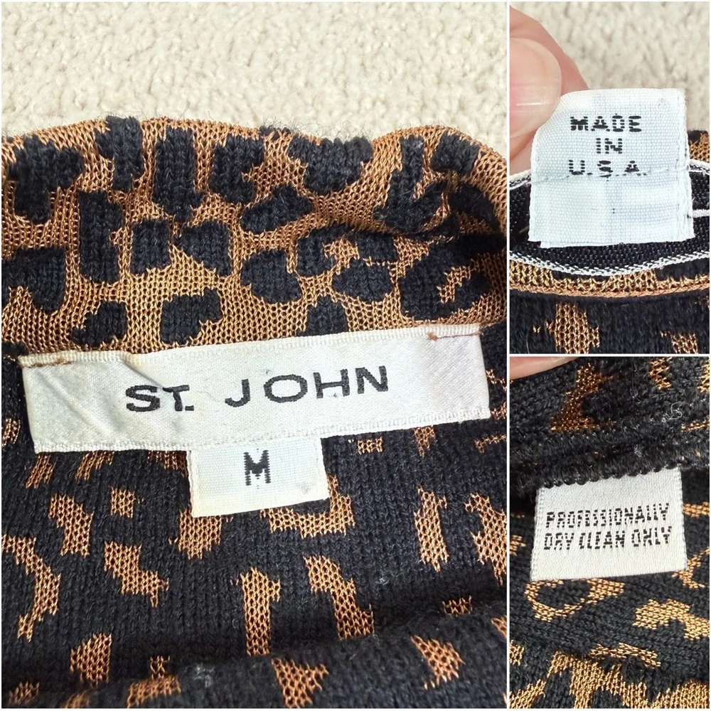 St. John Knit Leopard Animal Print Mock Neck Short Sleeve Top - Picture 15 of 17